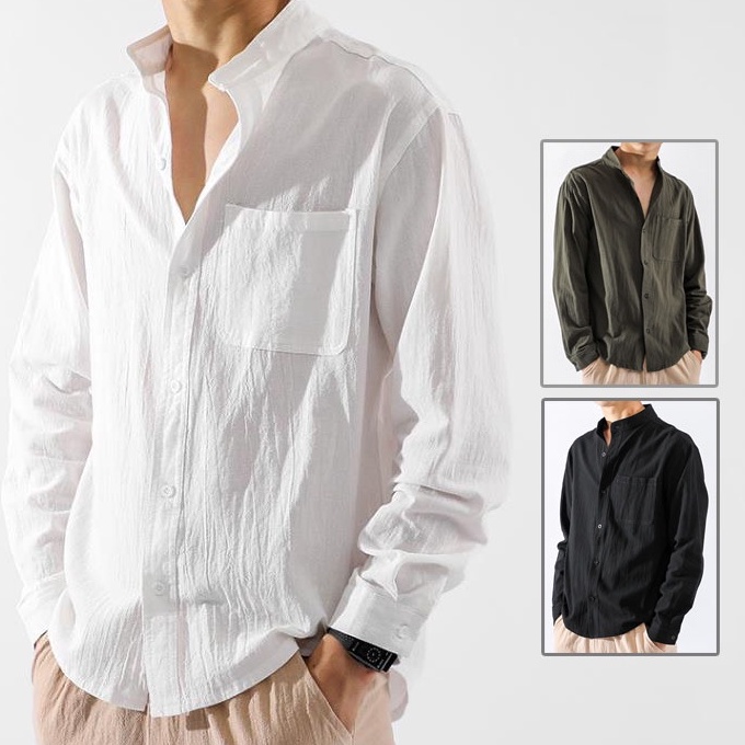 Men Linen Shirt Korean Version White Polo Long Sleeve Shirt Summer ...