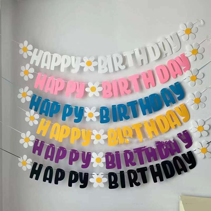 Daisy Happy Birthday Banner Non Woven White Flower Garland Birthday