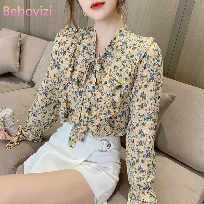 New Chiffon Shirt Women's Long Sleeve Print Flora Tops Blusa Office Lady Casual Blouse Girls Clothing