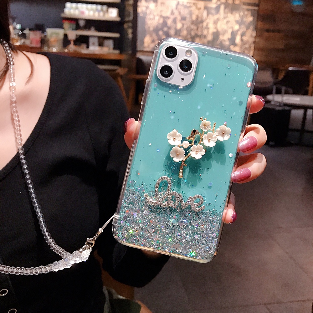 3D Flowers with Crystal Lanyard Phone Case for IPhone 15 14 13 11 12 ...