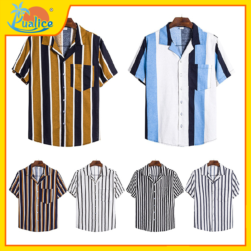 Men Top Men Shirt Hawaiian Shirt Summer Short-sleeved Hoodie Men's Striped Shirt Cotton Cotton Linen Short-sleeved Lapel Shirt Beach Hawaii Shirt Men Fashion Floral Shirts Top Mens Clothing