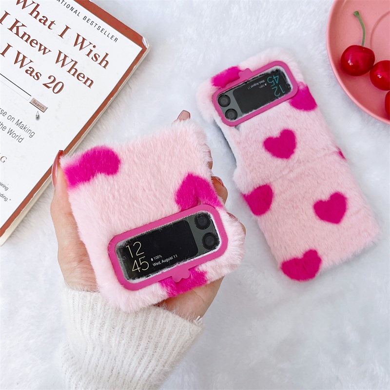 Rose Red Love Furry Case for Samsung Galaxy Z Flip 3 4 5G Fluffy Plush Rabbit Fur Hair Soft folding Phone Cover