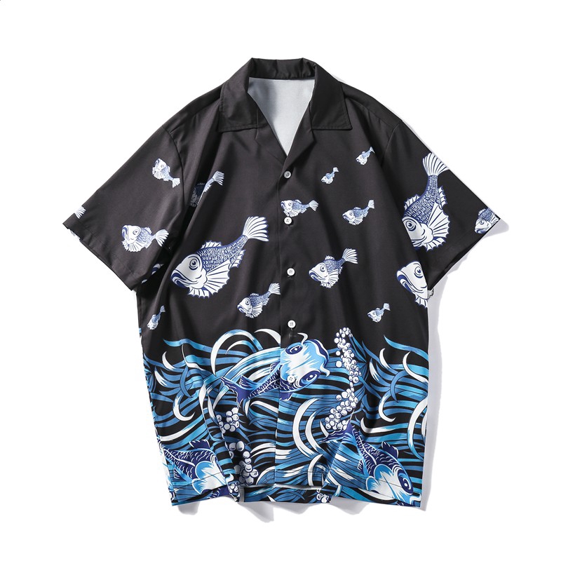 Fish Printed Street Shirts for Men Summer Vintage Men's Shirts Short Sleeve Streetwear Clothing