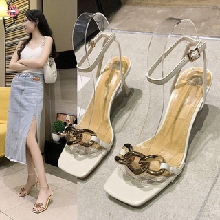 Summer PVC New Net Word with Transparent Square Head Female Thick Heel  Crystal with Sandals High Heels Blue Flip Flops