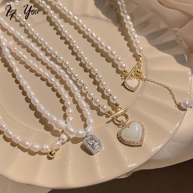 Korean Elegant Pearl Necklace Fashion Tulip Oil Heart Pendant Choker Double Clavicle Chain Accessories Jewelry