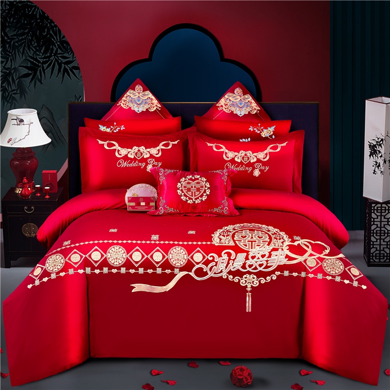 4 IN 1 Chinese Wedding Bed Sheet Sets Embroidery Red Bedding Set Queen