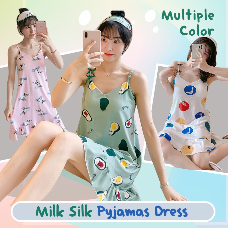 【SG INSTOCK】Ladies Cartoon Milk Silk Sleeveless Pyjamas Sleepwear Wear Home Wear Cooling Sleep Dresses