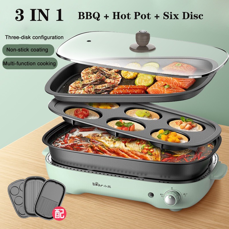 Bear Steamboat Pot BBQ Pan Grill Hot Pot Six Disc 3 in 1 Multi Frying ...