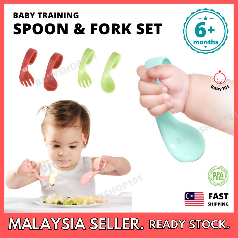 【Baby101】 Baby Kids Training Spoon and Fork Set Safety Infant Feeding