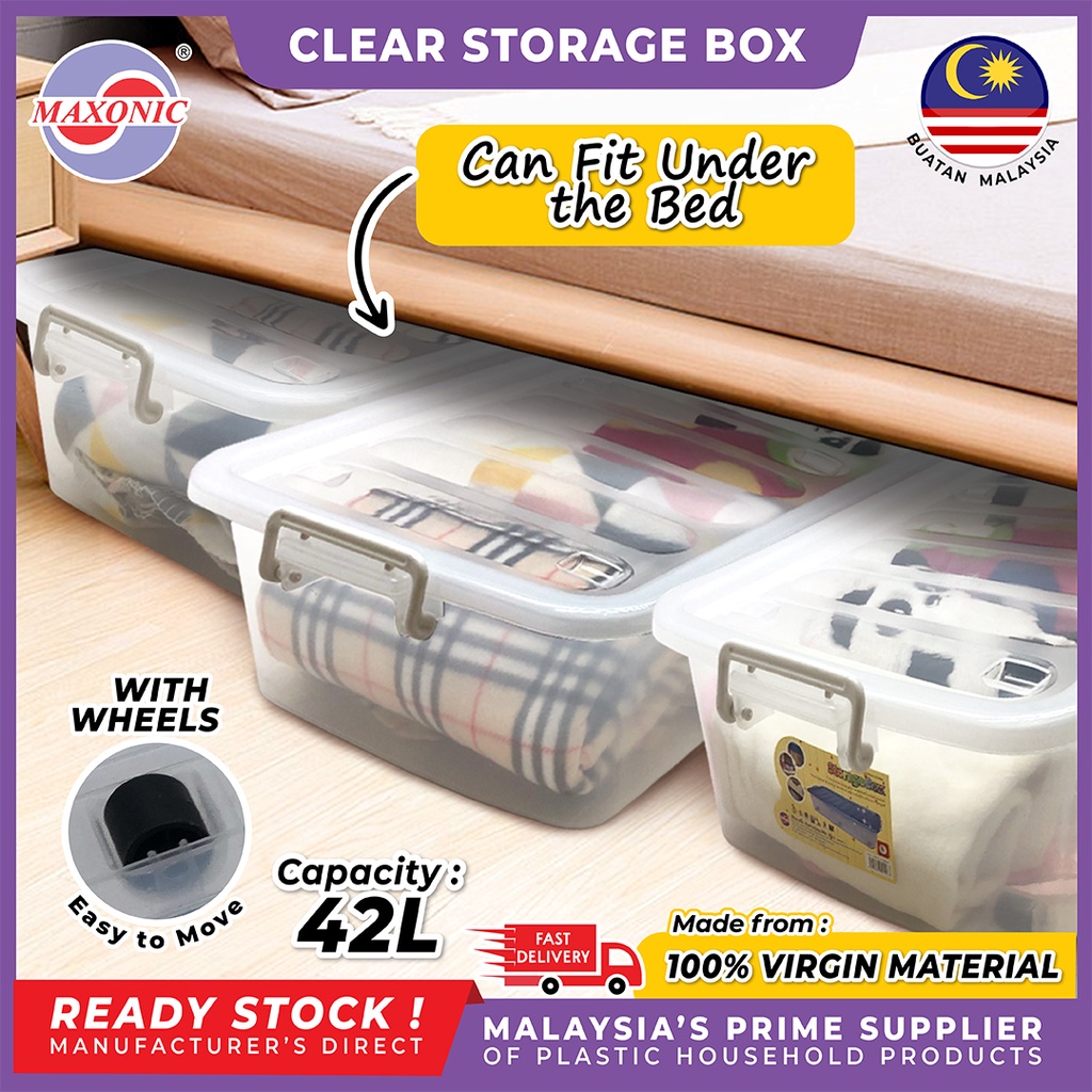 MAXONIC 36/42L UNDERBED STORAGE BOX HOME ORGANISER BOX KOTAK SIMPANAN PLASTIK BAWAH KATIL