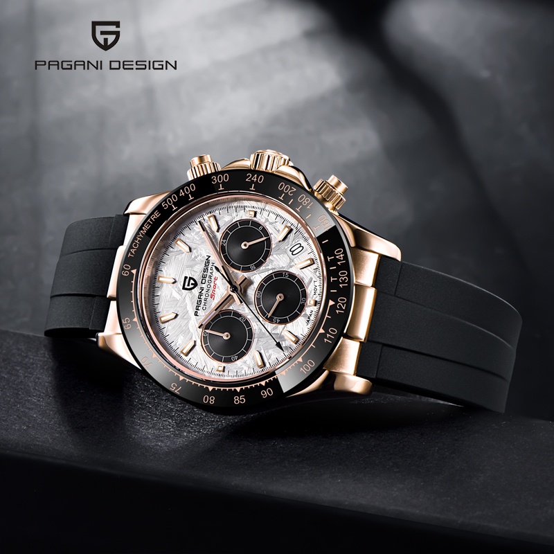 Pagani Design Orologio al Quarzo Classico Uomo Movimento Giappone VK63 Lunetta in Ceramica Acciaio Inox Impermeabile Business Sport Cronografo Data, Nero-oro-pd1664 Pelle