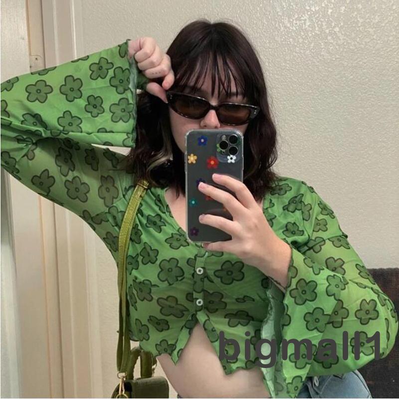 BIGMALL-Women Casual Crop Tops, Green Floral Printed Pattern Long Flared Sleeves U-shaped Collar Clothing