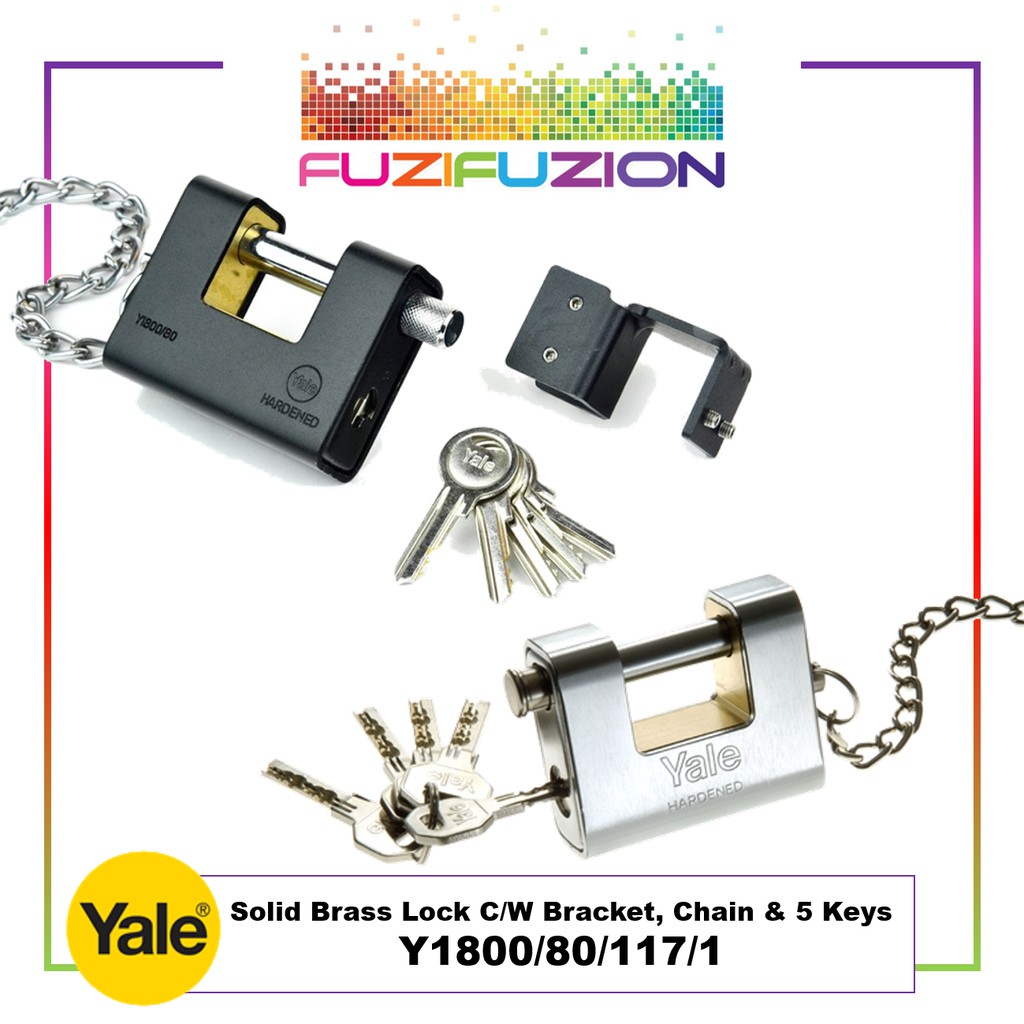 Yale Y1800/80/117/1 Solid Brass Gate Lock (C/W Bracket, Chain & 5 Keys ...