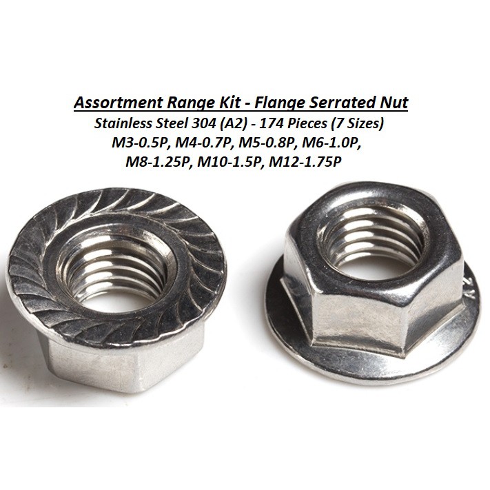 Flange Nut S/S Assortment Kit, 174 Pieces Stainless Steel A2 (304