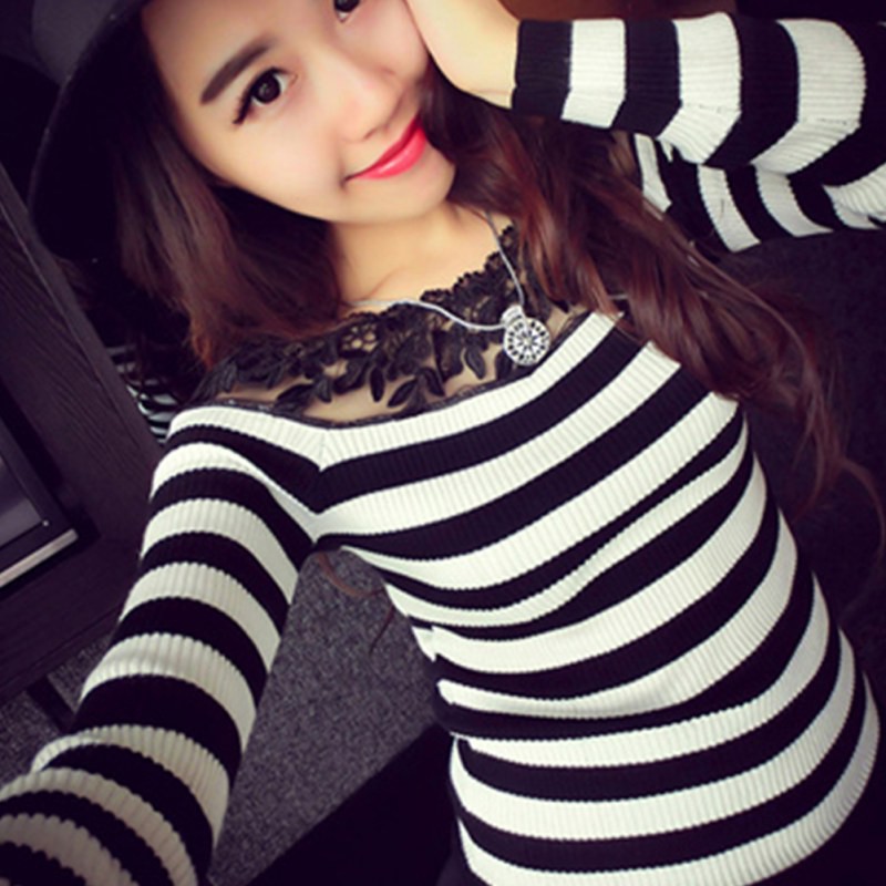 Womens Clothing Long Sleeve Knit Lace Tops Shirt Blouse Ladies Korean Blouse Tee