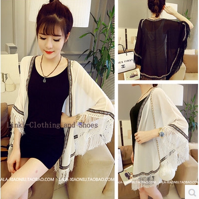 Embroidered tassel women chiffon cardigan sunscreen clothing shawl