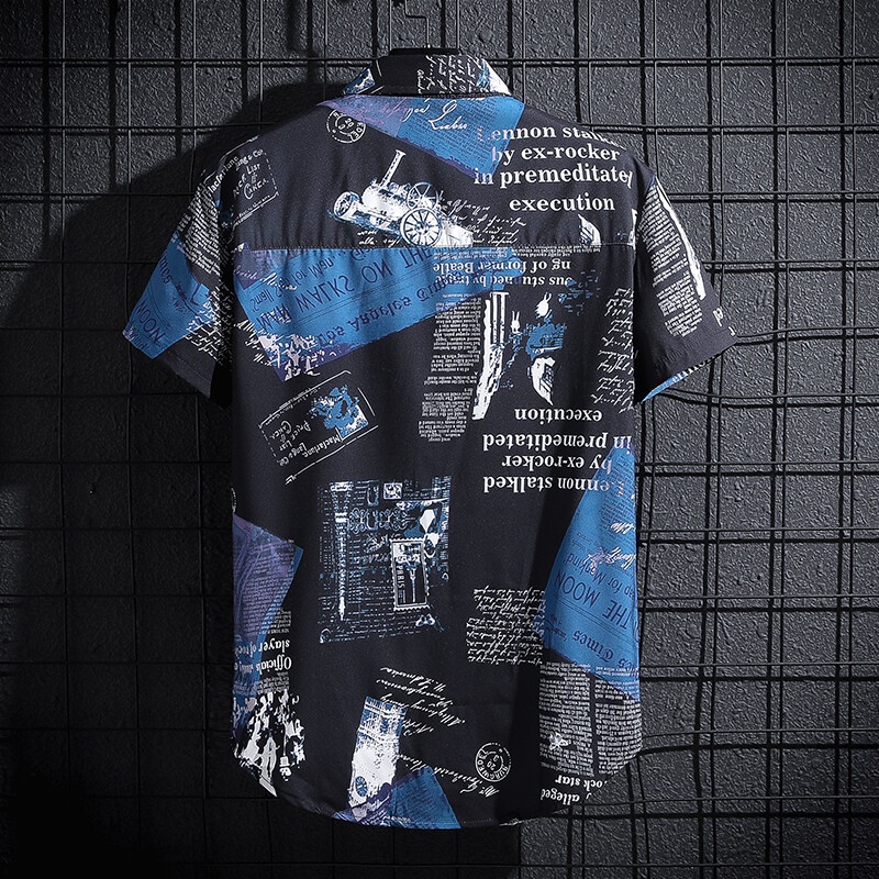Summer Men's Short-Sleeved Newspaper Shirts, Thin Graffiti Trendy