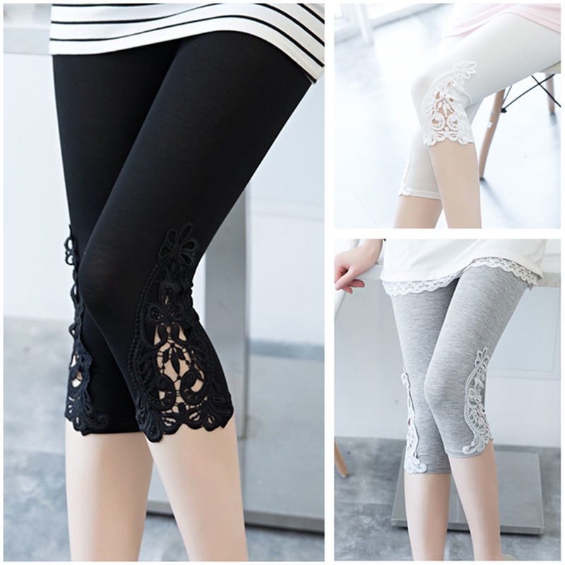 [40-87KG] Lace Cropped Leggings Women High Stretch Slim-Fit Summer Thin Pants Shorts Large Size Clothing C8502