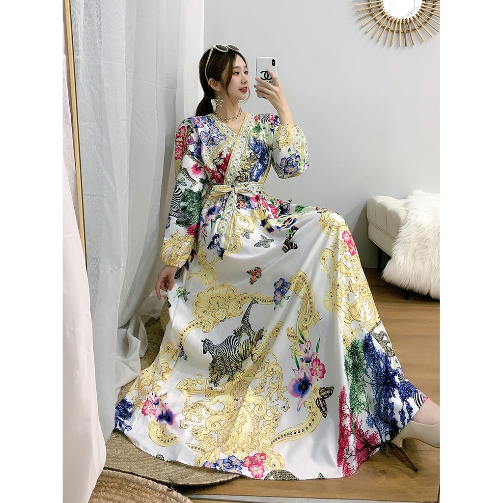 White floral long hot sale sleeve maxi dress