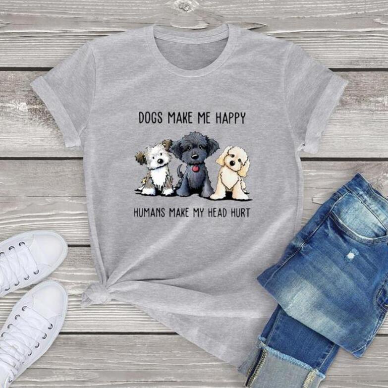 Cotton Women's T Shirts Kawaii Dogs Make Me Happy Human Casual T-Shirt Women Clothing Cute Print Graphic Tees Tops