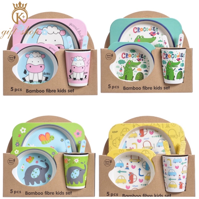 [K Plus??] 5Pcs/Set Kids Bamboo Fiber Tableware Cartoon Pattern Toddler Plate & Cup Utensil Spoon & Fork