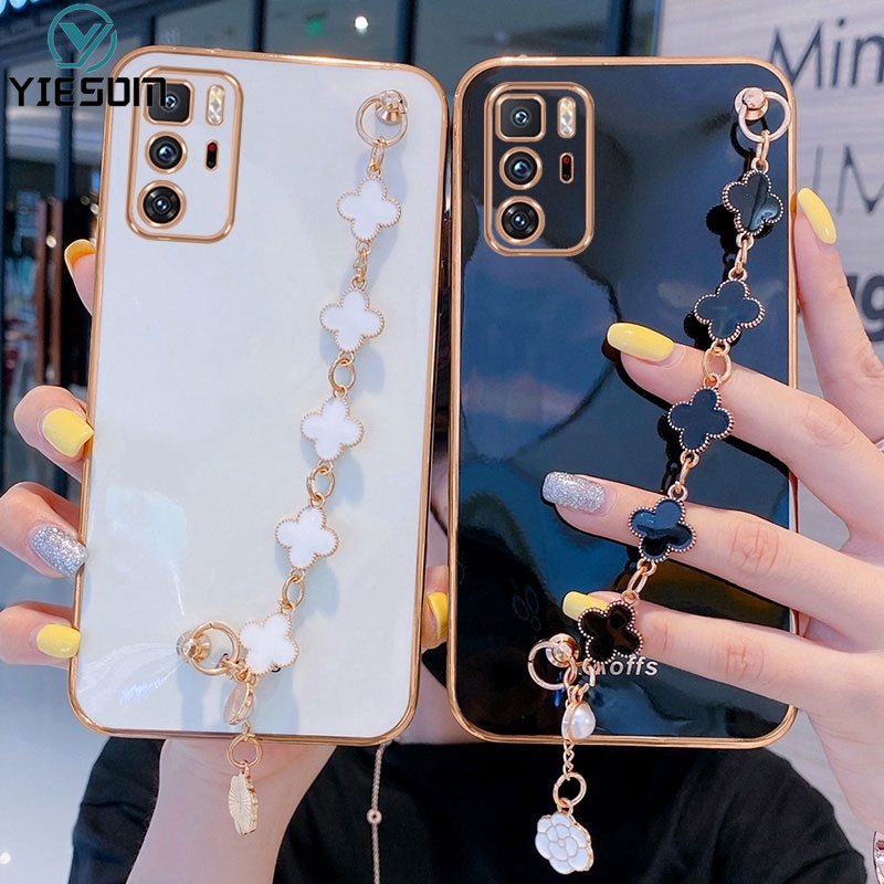 Plating Lucky leaf Bracelet Wrist Chain Phone Case Xiaomi Poco F3 X3 GT X3 X4 Pro 5G M3 M4 Pro 4G Soft Silicone Back Cover