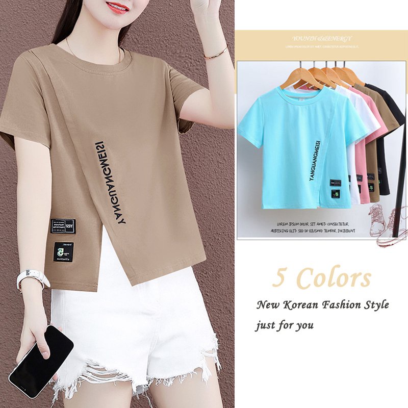 Summer Women T-shirt Letters Printing Slim Forked Tops Short Sleeve Personality Multi-color Ladies Tshirts