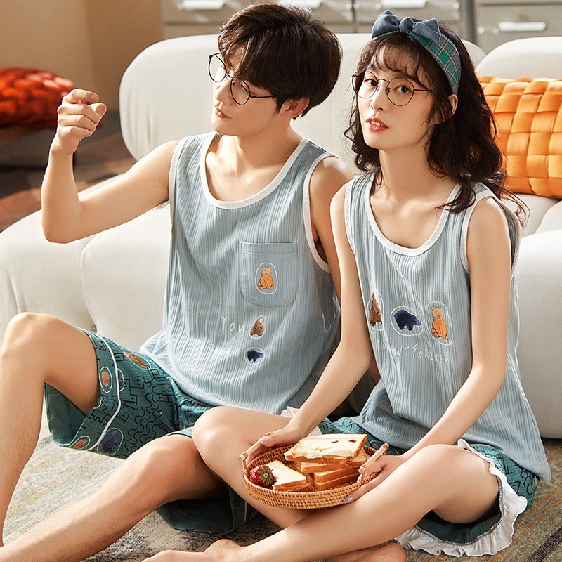 Summer Cotton Couple Pajamas Set Sleeveless Cartoon Men's and Women's Vest Shorts Clothes Suit Home Sleepwear