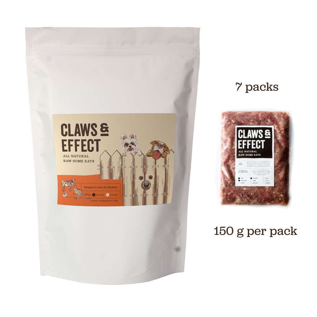 [7 packs x 150 g] Claws & Effect Frozen Raw Dog Food Kangaroo, Beef & Chicken (Ground