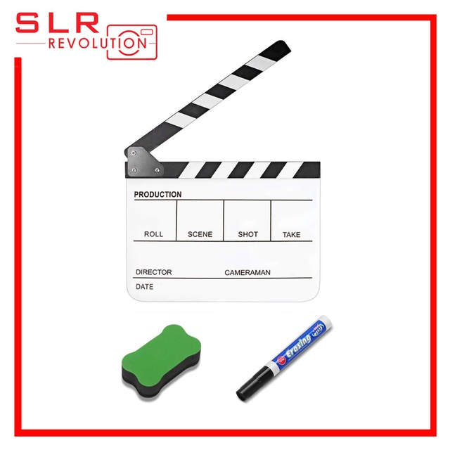 30 * 24cm/ 12 * 9in Acrylic Film Clapboard Movie Directors Clapper Board  Slate Cut Action Scene Blank Clap Board Dry Erase with White & Black Sticks