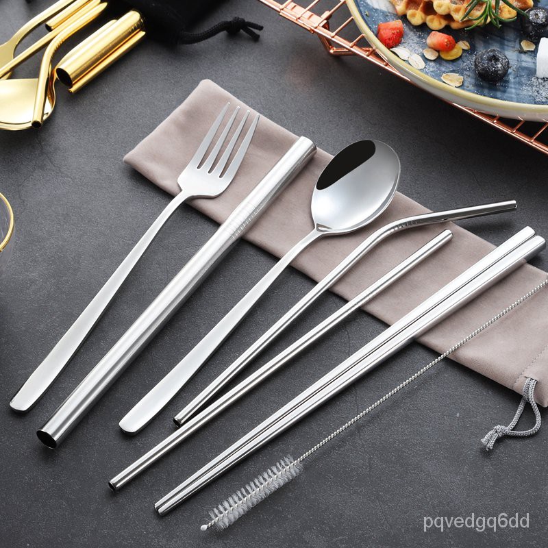 7pcs/set Stainless Steel Knife, Fork, Spoon, Chopsticks, Straws With Zipper  Bag, Portable Outdoor Travel Cutlery & Straw Set