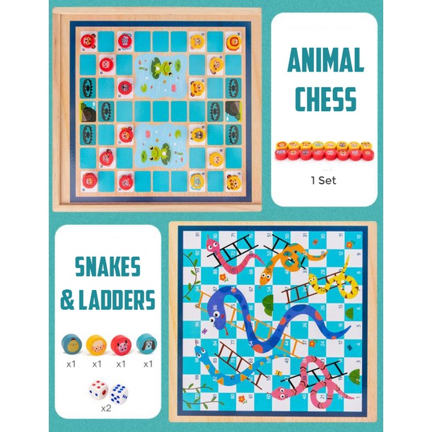 6-in-1 And 8-in-1 Wooden Chess Set Ludo Animal Snakes & Ladders Checker ...