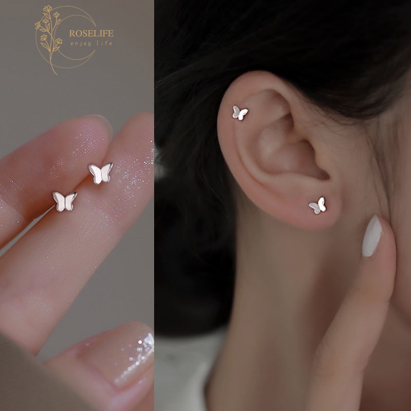 Roselife S925 Silver Plated Simple Butterfly Earrings Anti-allergic Jewelry 1 Pair