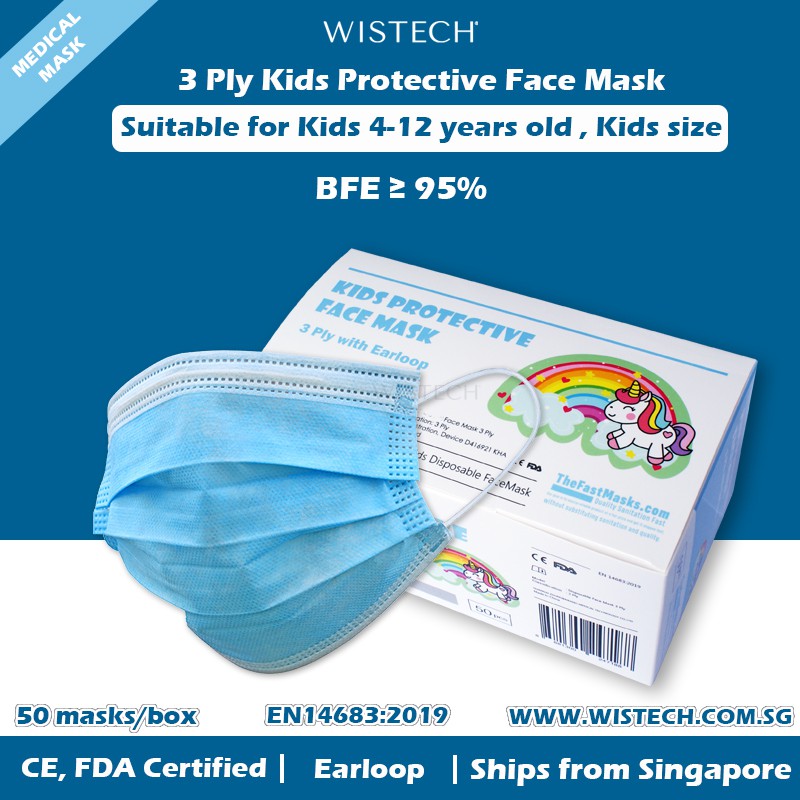 Blue 3 Ply Kids Protective Face MASK,50 pieces, FDA CE Approved, Medical Mask, Wistech