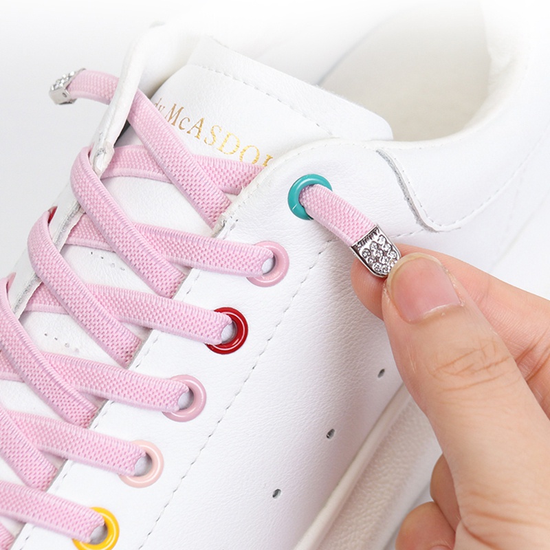 No Tie Shoelaces Diamond Push Button Fast Metal Buckle Elastic Shoelace ...