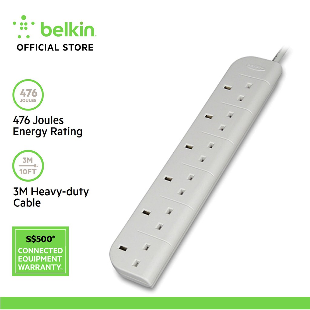 Belkin F9E600sa3M Economy Series 6-Socket Surge Protector | Shopee ...