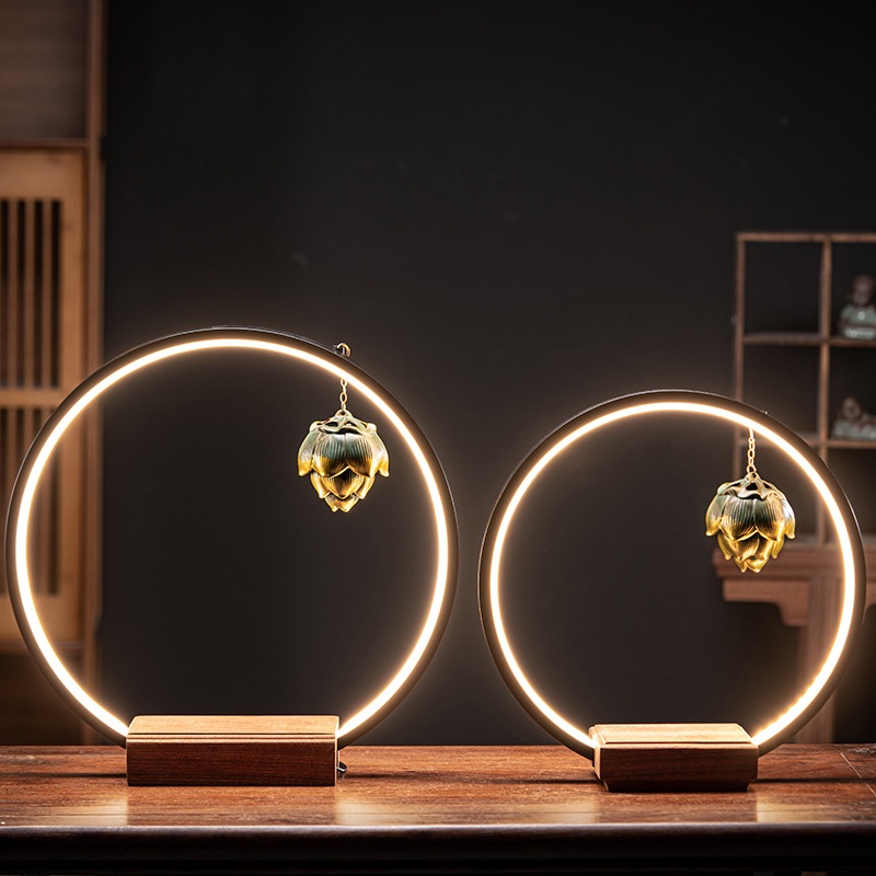 New Chinese Zen Ceramic Hanger Decoration Base Solid Wood Home Living Room Office Entrance Study Light Ring