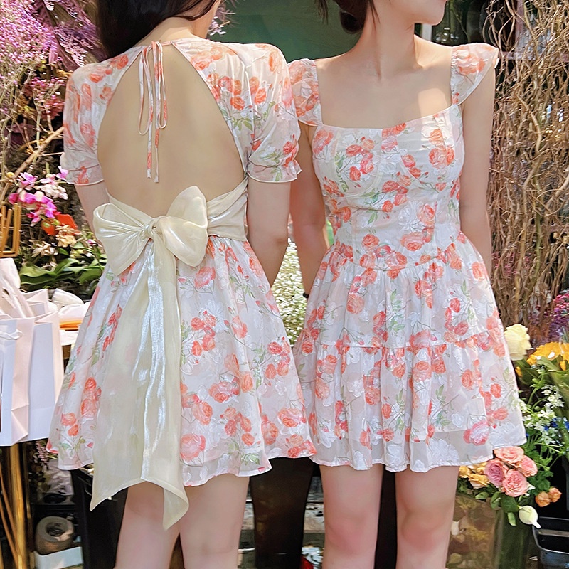 Women's Sexy Floral Dress Short Sleeve Ruffle Boho Tie Knot A Line Mini ...