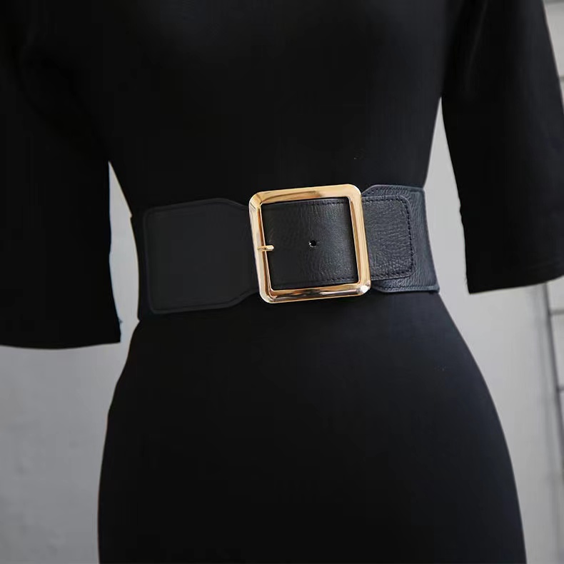 Real Leather Waist Belt Elastic Stretch Wide Waistband Gold Double Buckle  Belt