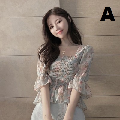 Women Clothing Fashion Chiffon Square Neck Floral Blouse