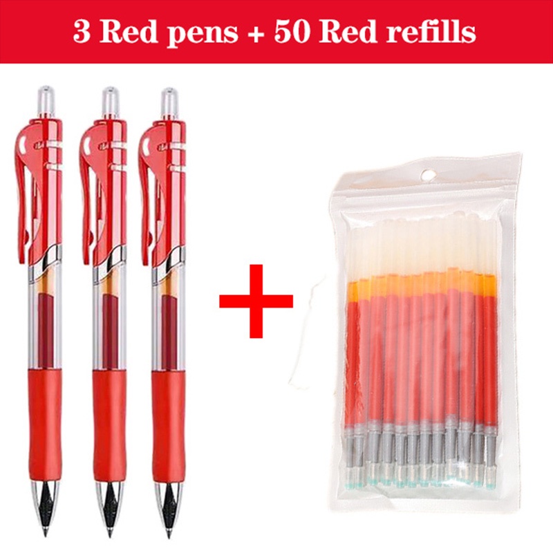 53 Pcs 0.5mm Ballpoint Pen + Refill Set Press Blue Black Red Bullet Tip
