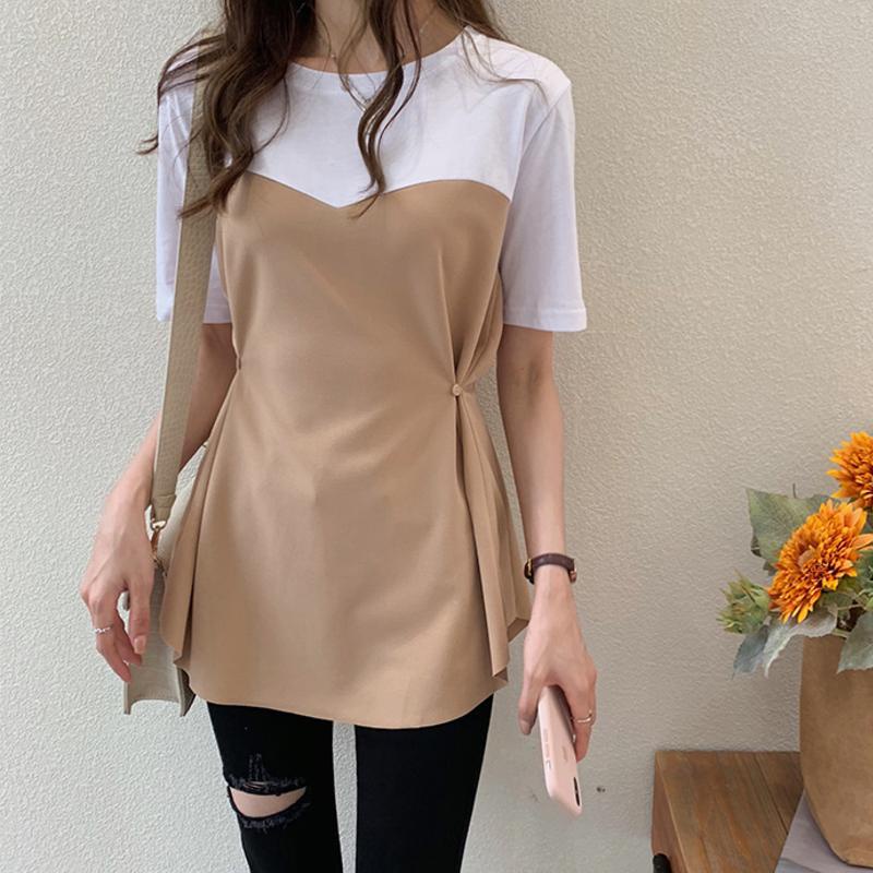 Fashion Summer Women Clothing Korean Style Fake Two-piece T-shirt Women Temperament Slim Fit Short Sleeve Top