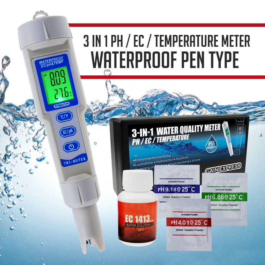 pH / EC / Temperature Meter ATC 3 in 1 Waterproof Pen Type Water
