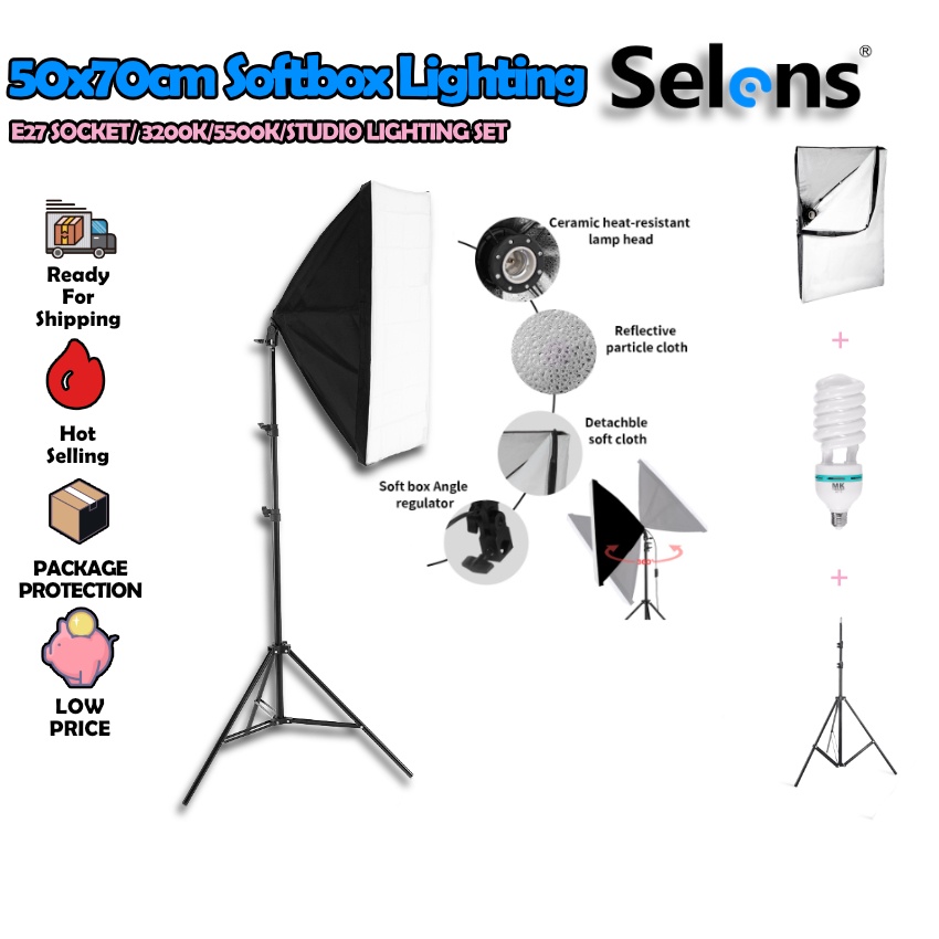 Selens 50x70cm Studio Softbox with Stand Lighting Diffuser E27 Socket ...