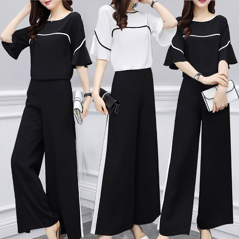 2PCS Women's Set Wear Korean Style Fashion Casual Suit Summer T-Shirt Blouse + Wide-leg Long Pants Ladies Clothing Female Outfits