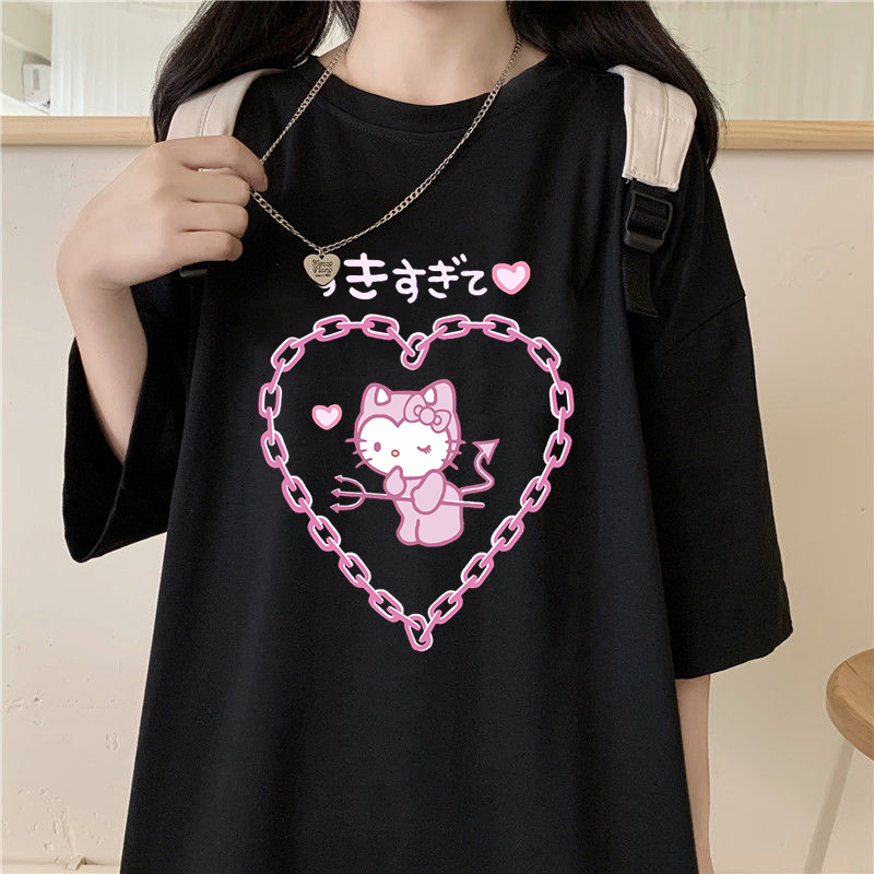 Hello Kitty Summer Cartoon Clothes For Fashion Women Oversize Cotton T Shirt  Girl Y2k Streetwear Korean Style Cute Short Sleeve - T-shirts - AliExpress