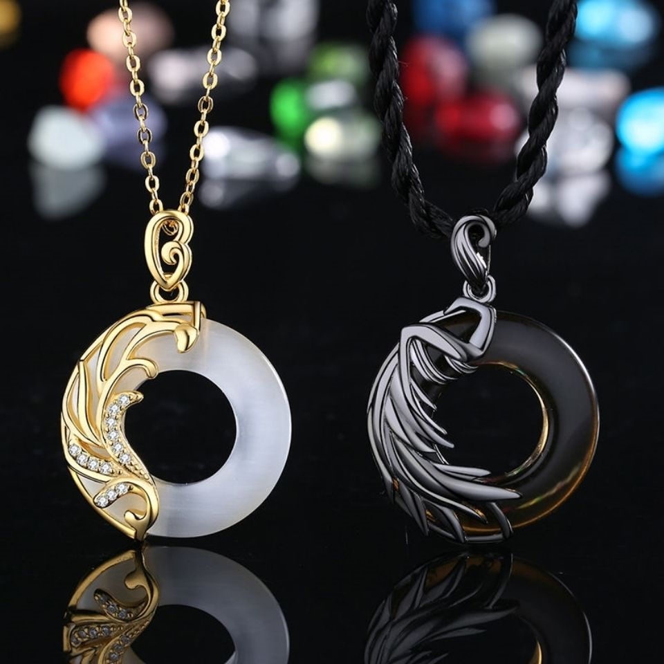 Couple Necklace Obsidian/opal Pendant Black and white angel/princess knight Retro Street Fashion Jewelry Accessories