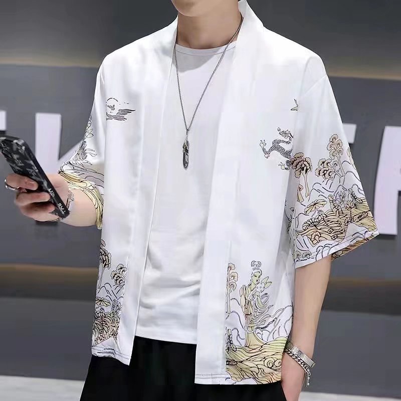 Summer Chinese style crane Chang'e kimono cardigan feather weaving out sunscreen clothing male and female students Taoist robe tide country tide ink cloak men's tide
