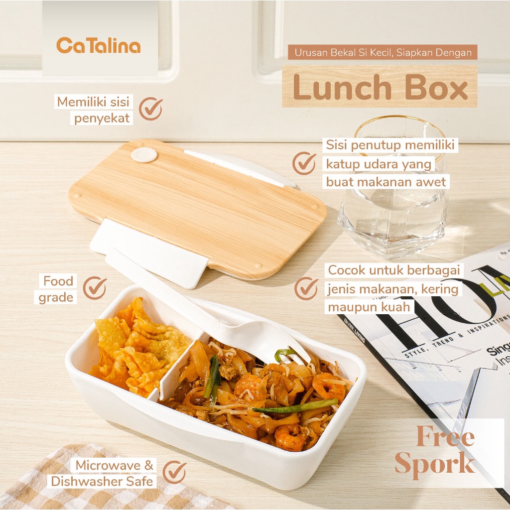 Lunch Box Kotak Makan Sekat 600 ml Anti Tumpah Microwaveable FREE SPORK
