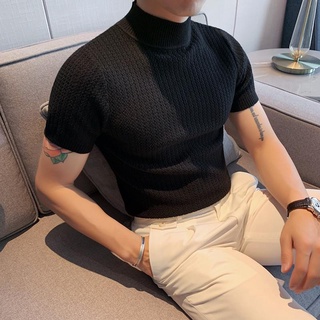 Mens Summer Turtle Neck High Neck Tops T-Shirt Short Sleeve Pullver Tee  Solid